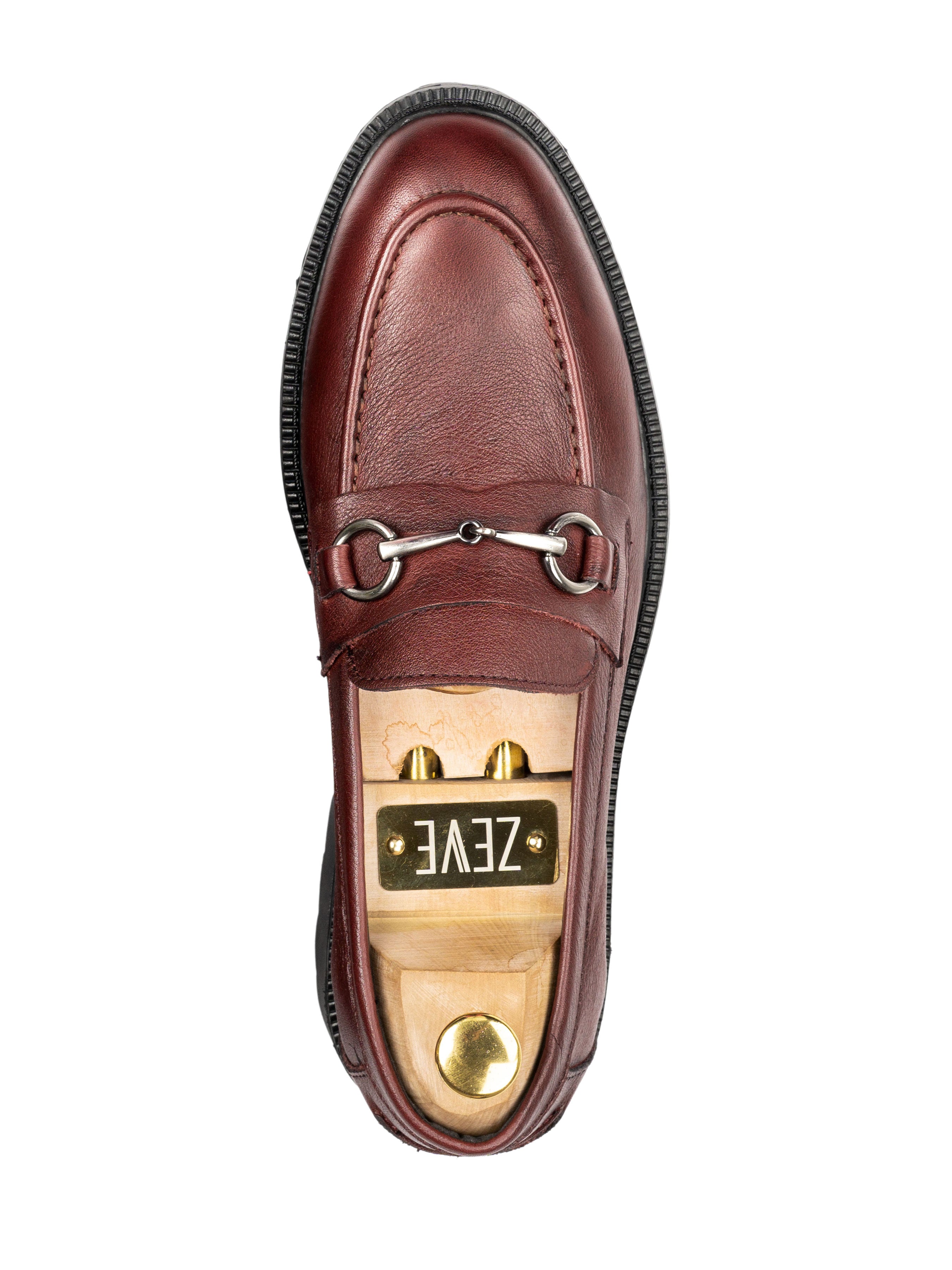 Penny Loafer Horsebit Buckle - Red Burgundy Pebble Grain Leather (Combat Sole) - Zeve Shoes