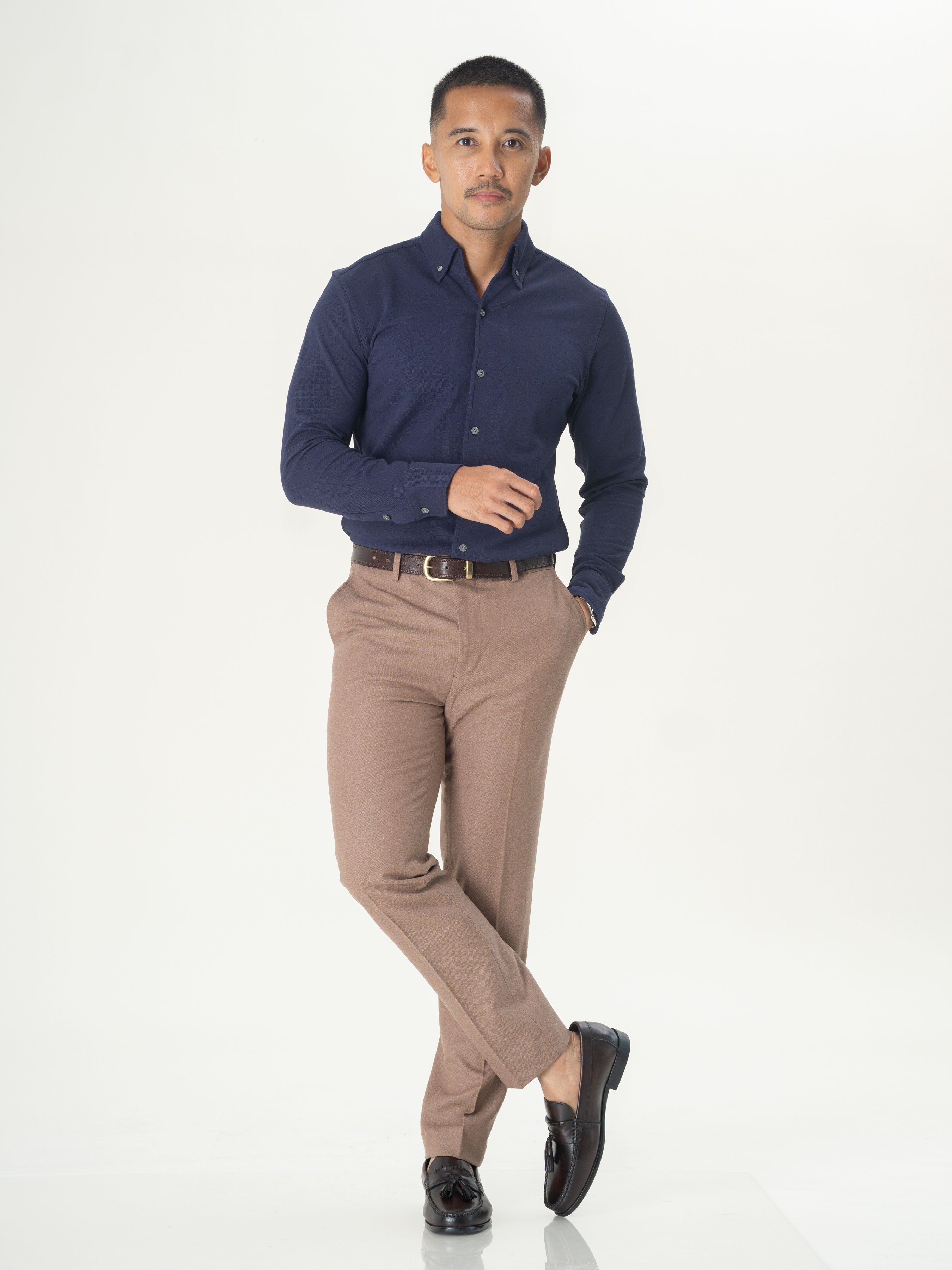 Long Sleeve Polo Shirt-  Navy Blue Button Down - Zeve Shoes
