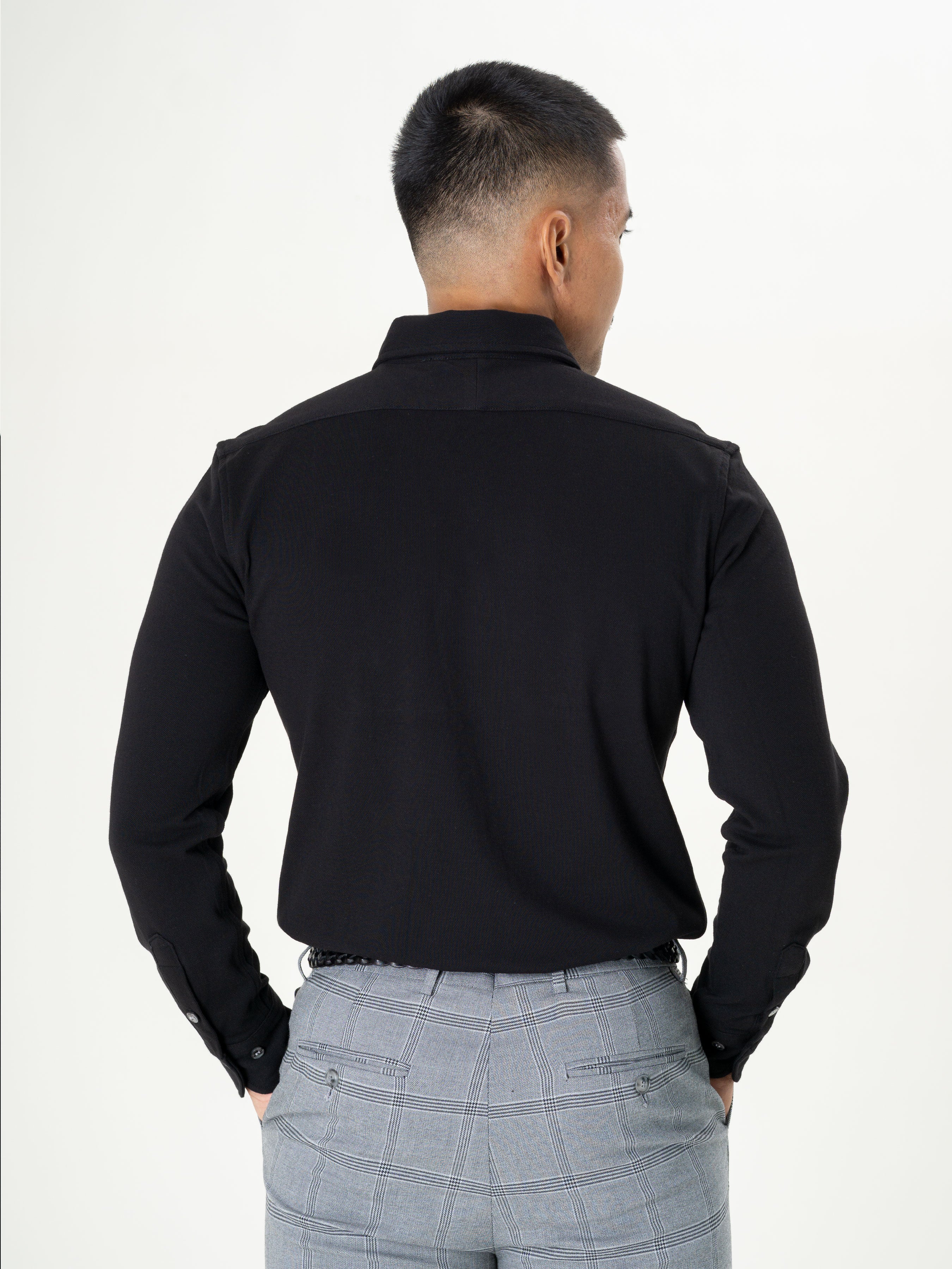 Long Sleeve Polo Shirt - Black Button Down - Zeve Shoes