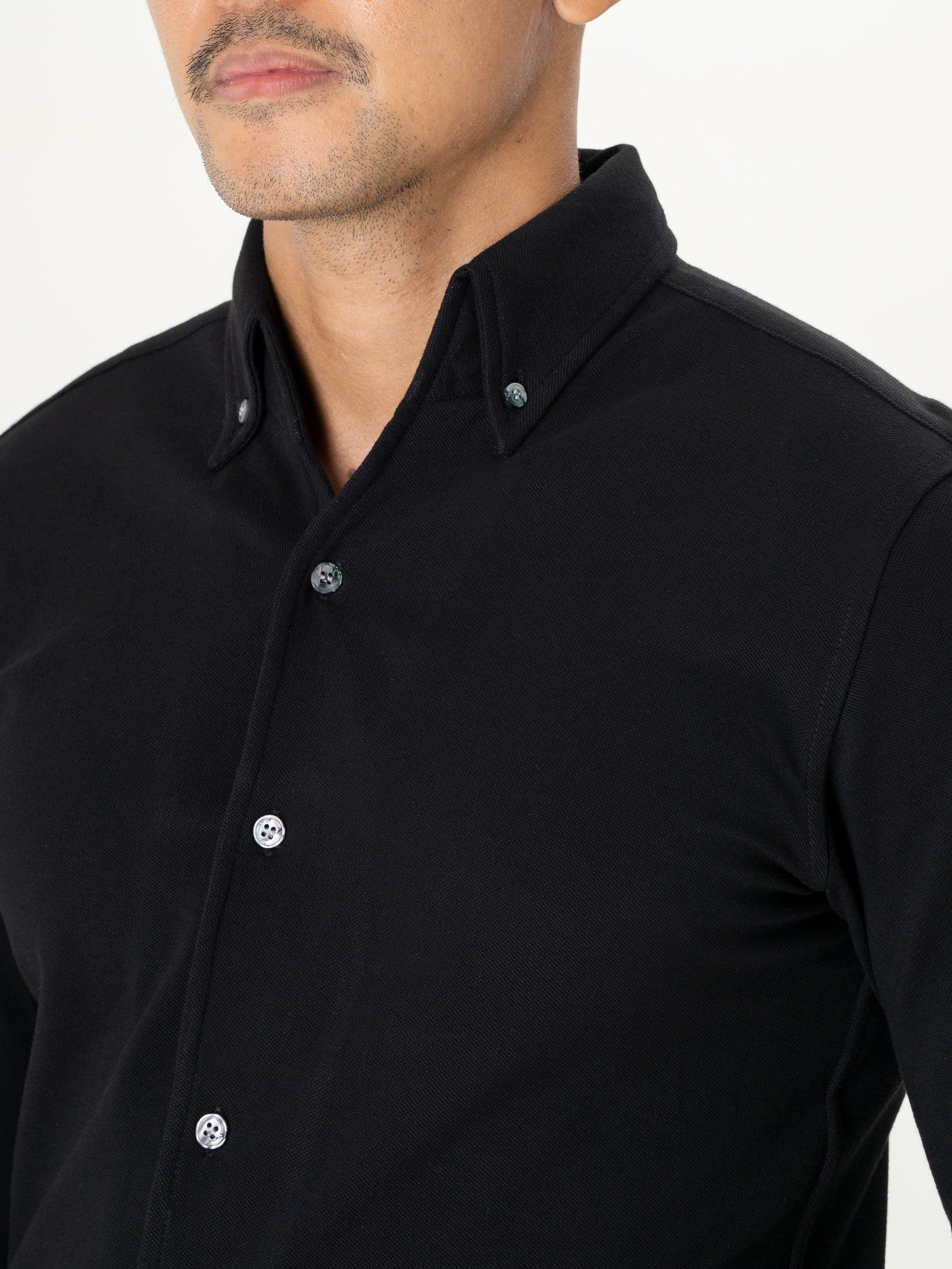 Long Sleeve Polo Shirt - Black Button Down - Zeve Shoes
