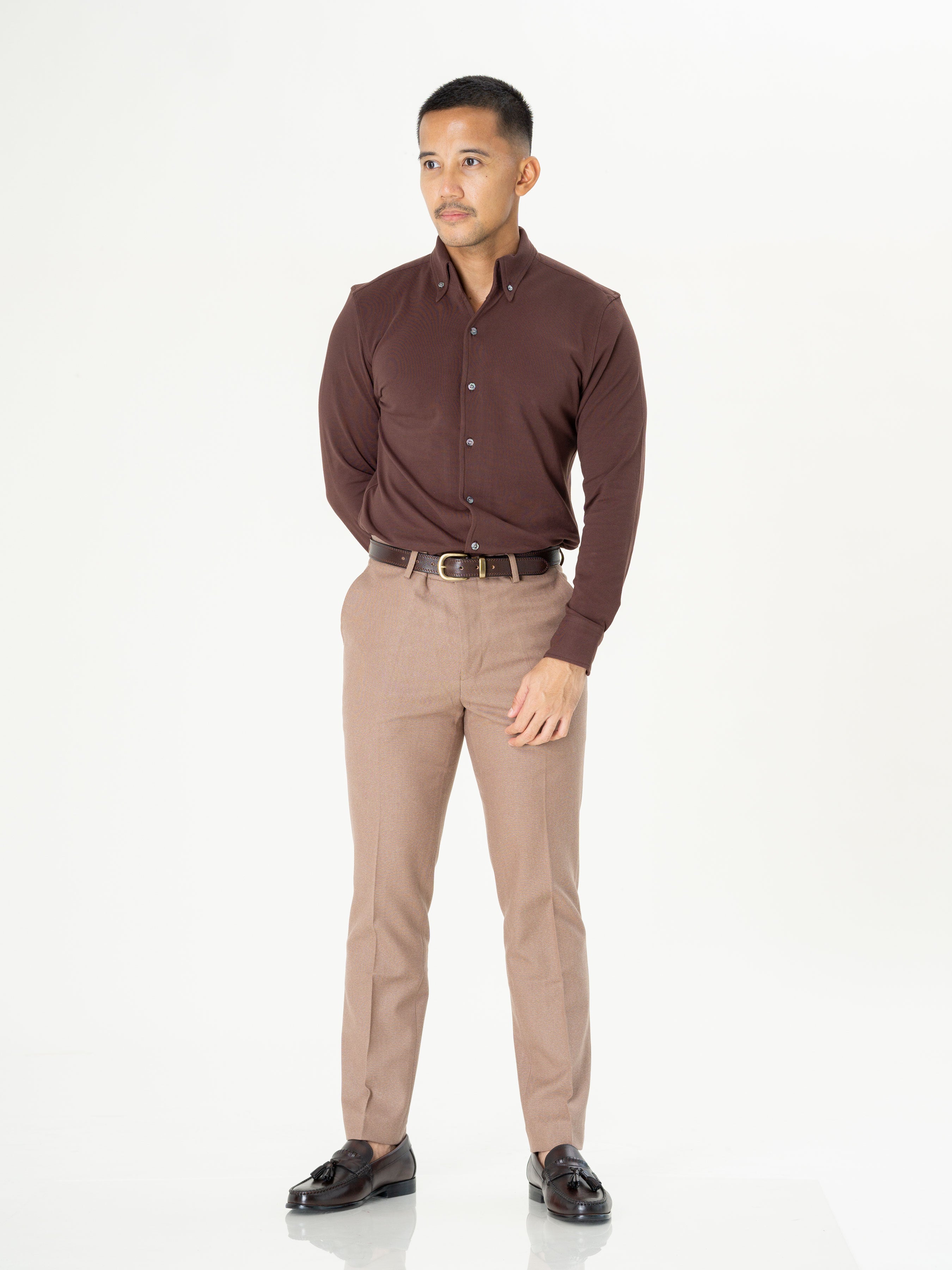 Long Sleeve Polo Shirt - Coffee Button Down - Zeve Shoes