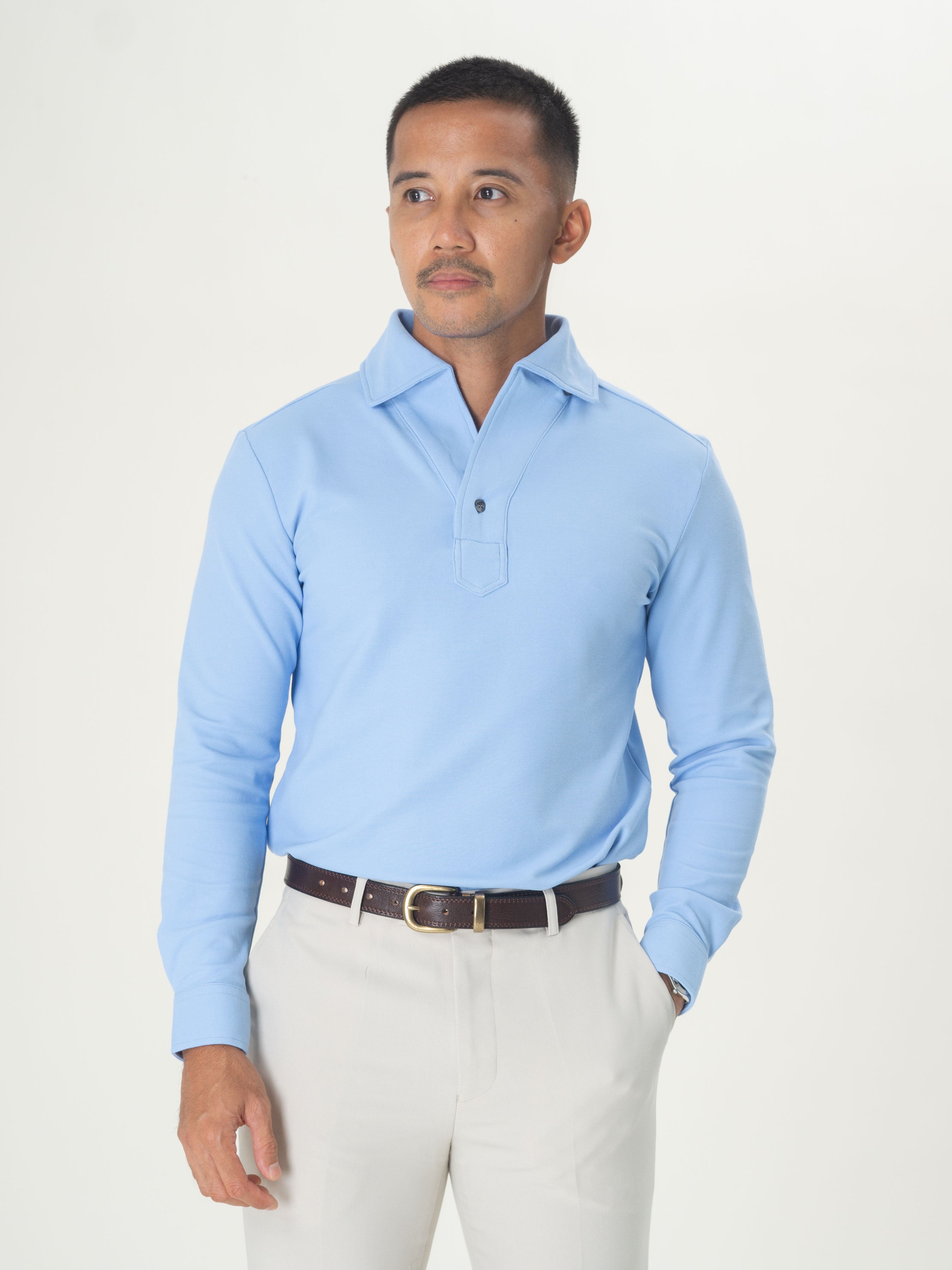 Long Sleeve Polo Shirt - Sky Blue One-Piece Collar Single Button - Zeve Shoes