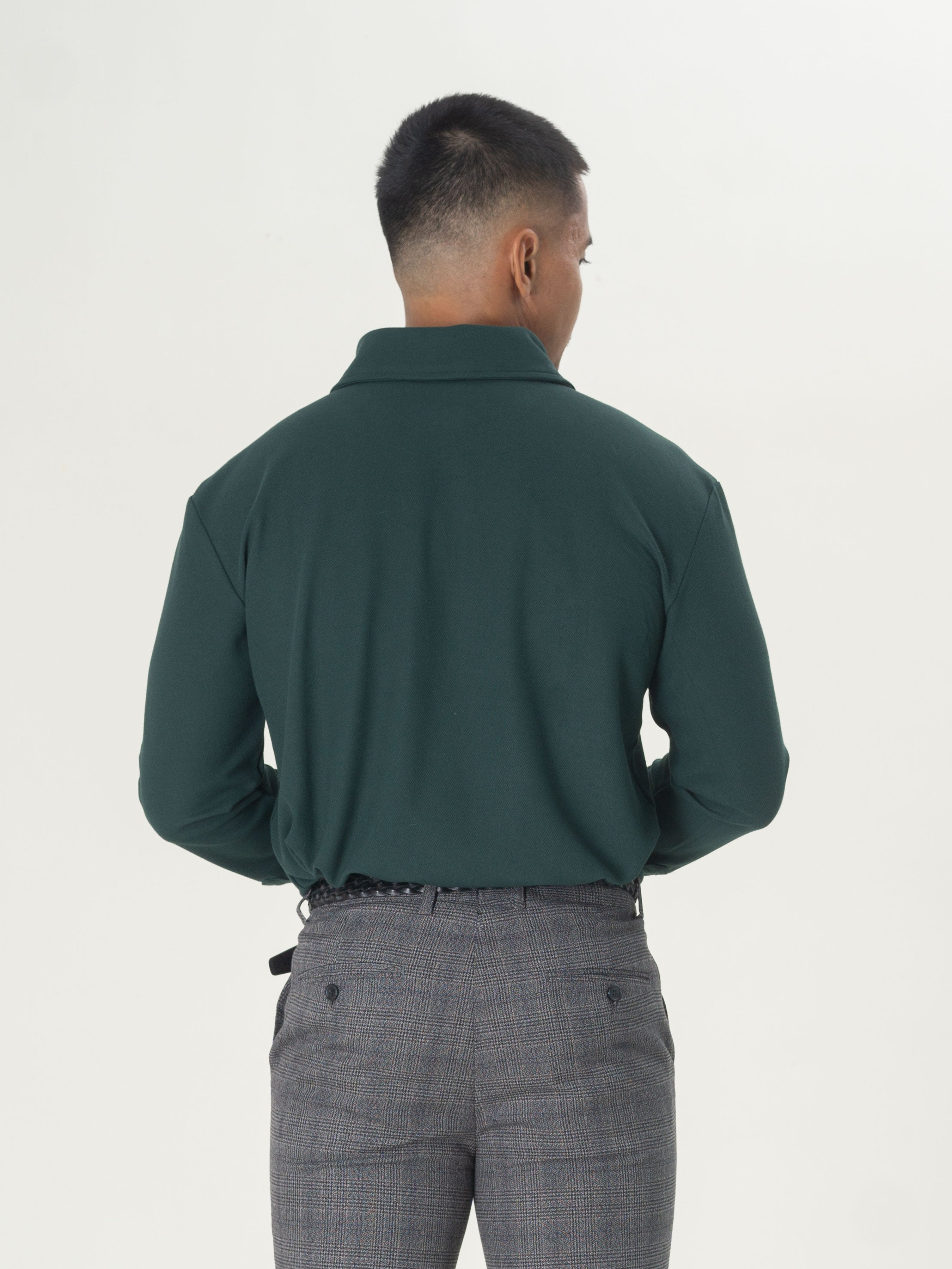 Long Sleeve Polo Shirt - Dark Green One-Piece Collar Single Button - Zeve Shoes