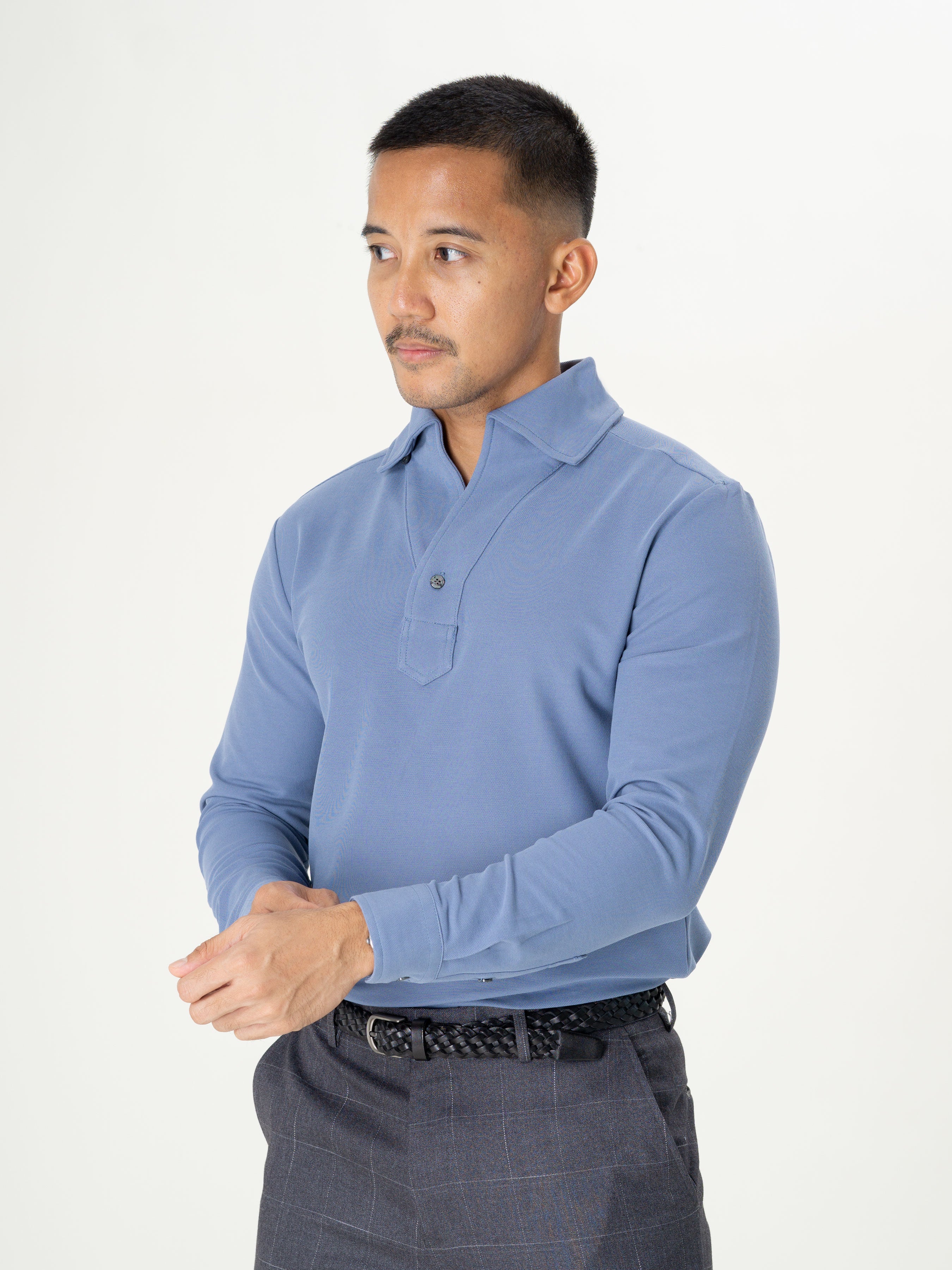 Long Sleeve Polo Shirt - Steel Blue One-Piece Collar Single Button - Zeve Shoes