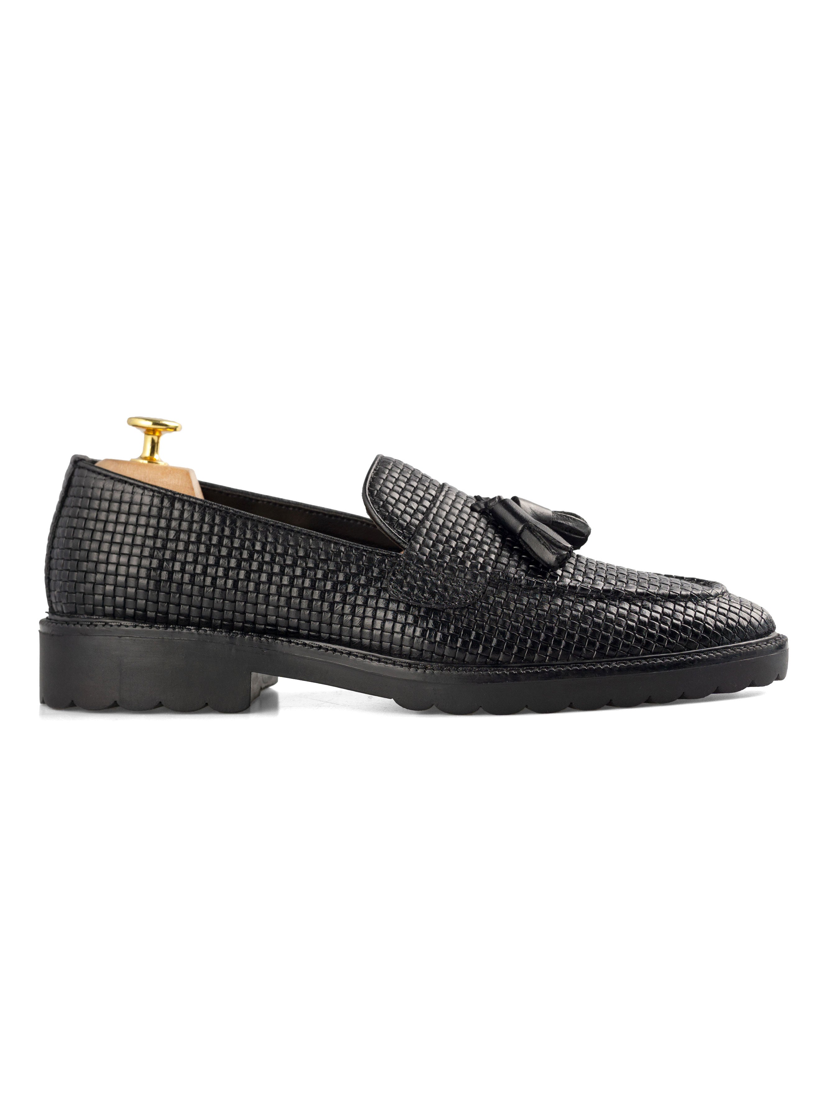 Rocky Tassel Loafer - Black Woven Leather (Combat Sole) - Zeve Shoes