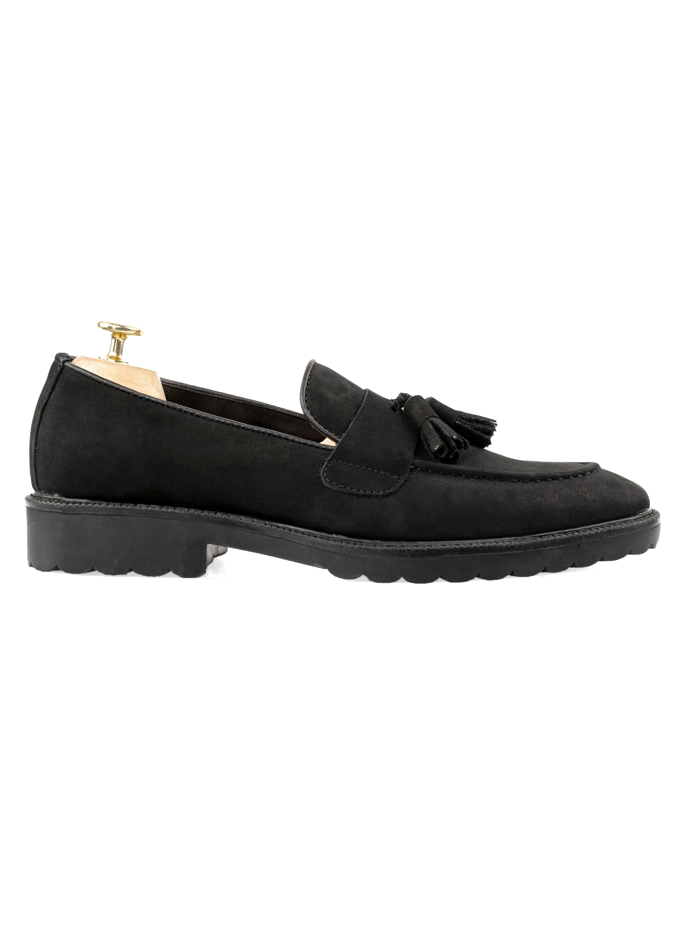 Rocky Tassel Loafer - Black Nubuck Leather (Combat Sole) - Zeve Shoes