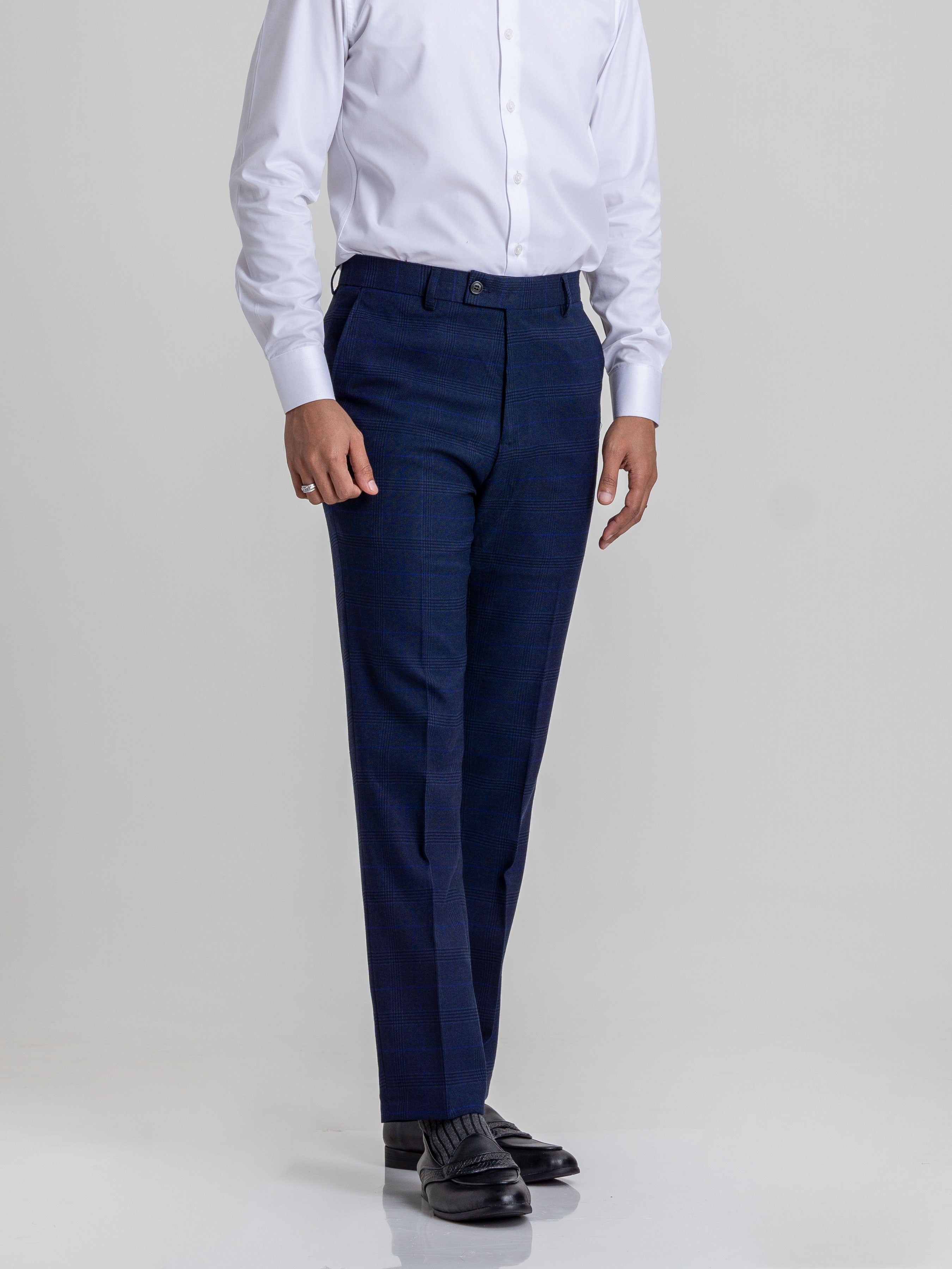 Trousers With Belt Loop -  Royal Blue Classic Checkered (Stretchable) - Zeve Shoes