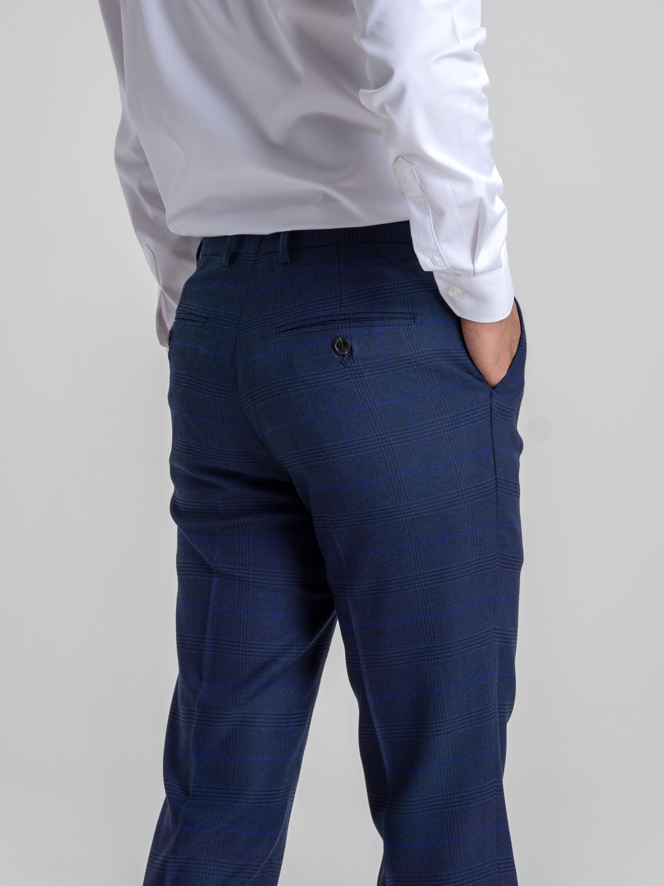 Trousers With Belt Loop -  Royal Blue Classic Checkered (Stretchable) - Zeve Shoes