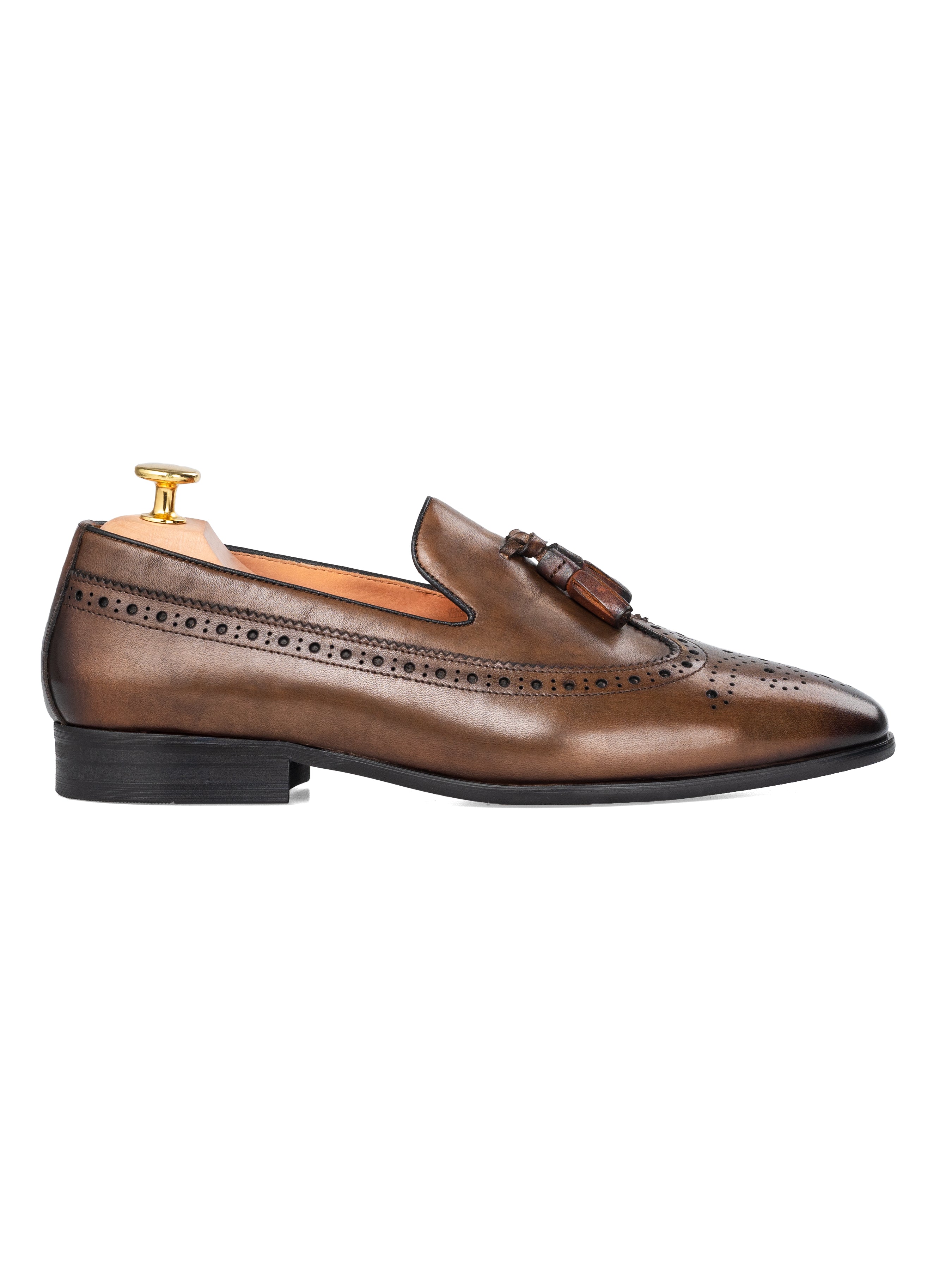 Loafer Slipper Longwing Brogue - Khakis with Tassel (Hand Painted Patina)