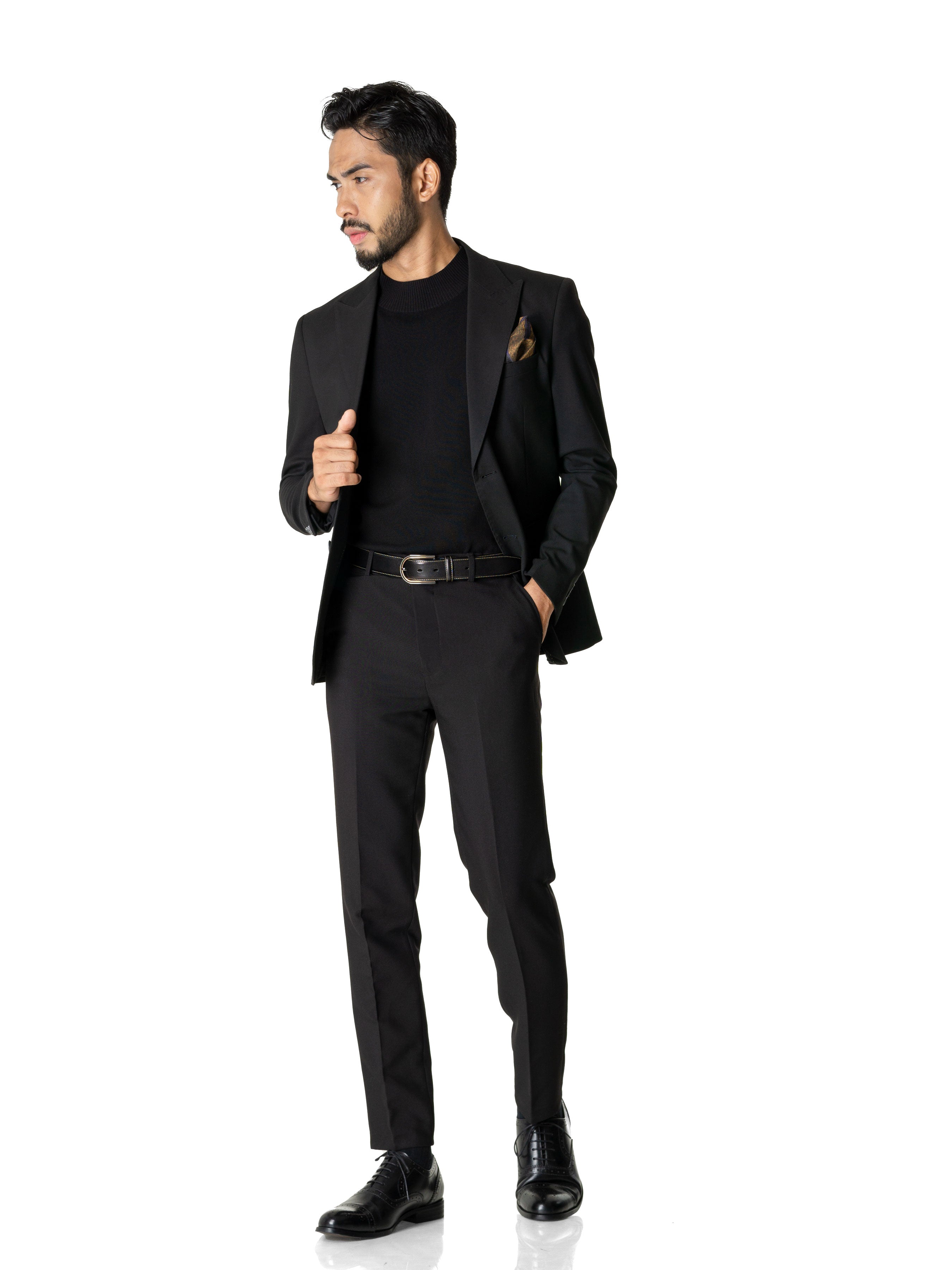 Single Breasted Suit Blazer - Black Plain (Peak Lapel) - Zeve Shoes