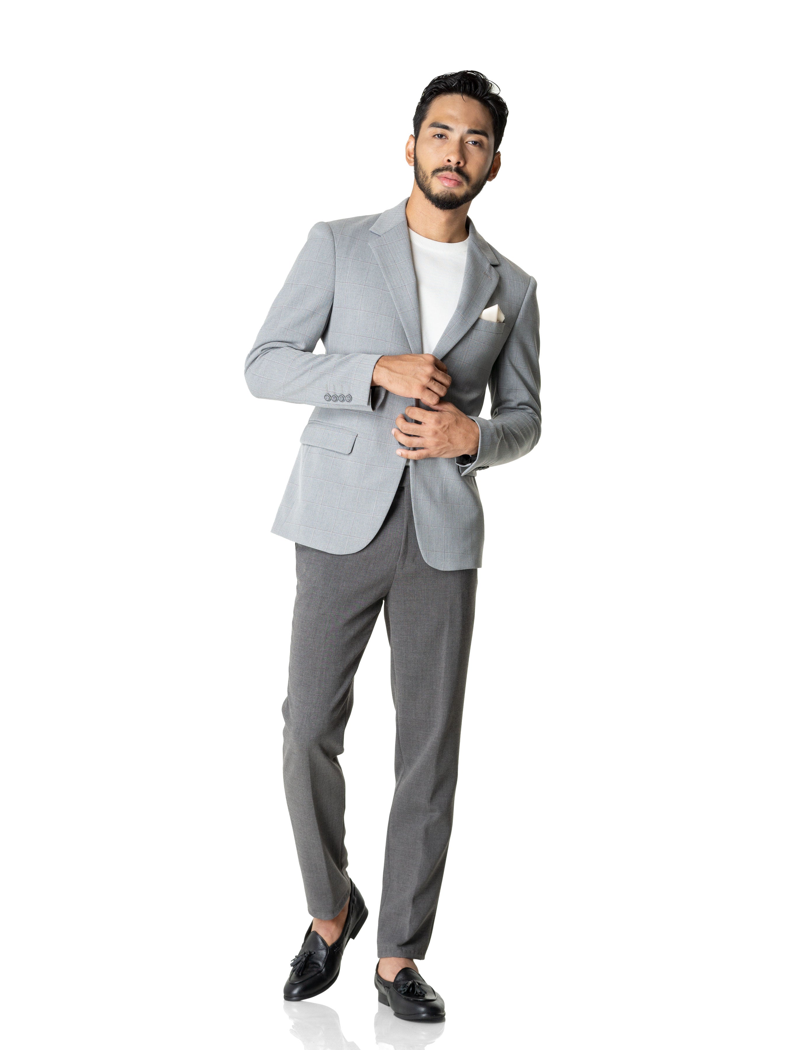 Single Breasted Suit Blazer - Light Grey Windowpane (Notch Lapel) - Zeve Shoes