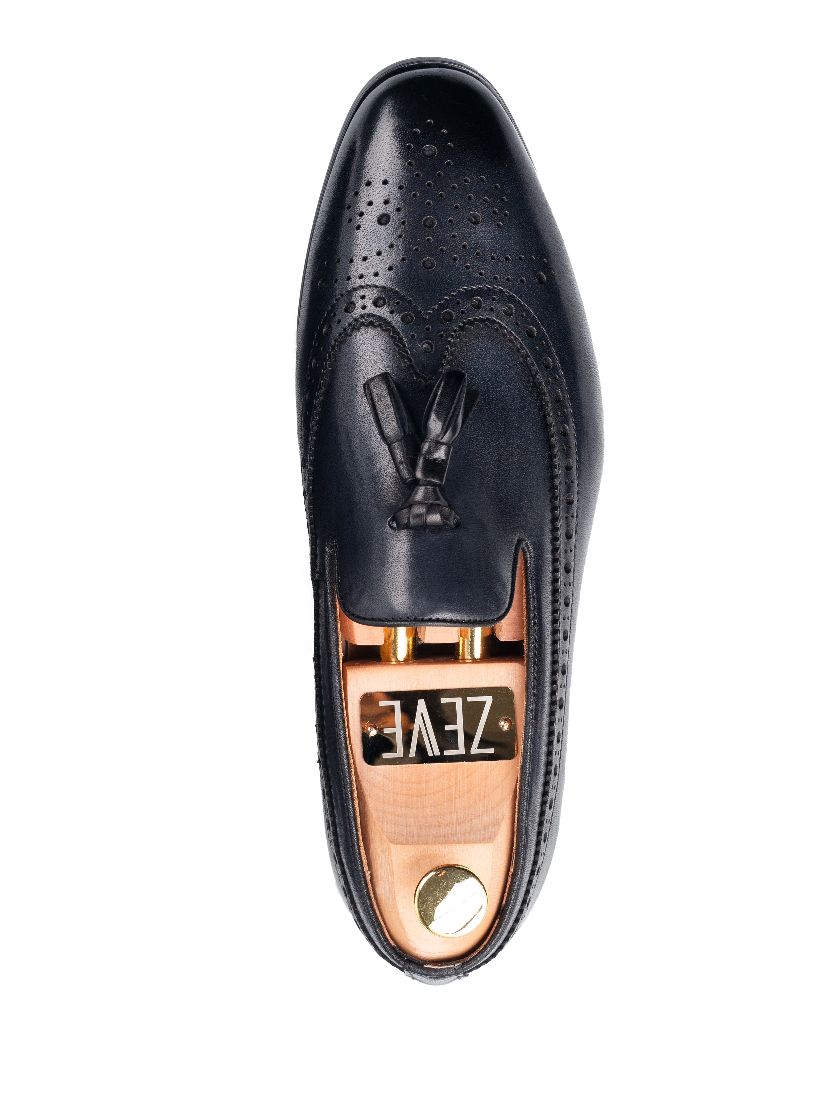 Loafer Slipper Longwing Brogue - Black Grey with Tassel (Hand Painted Patina)