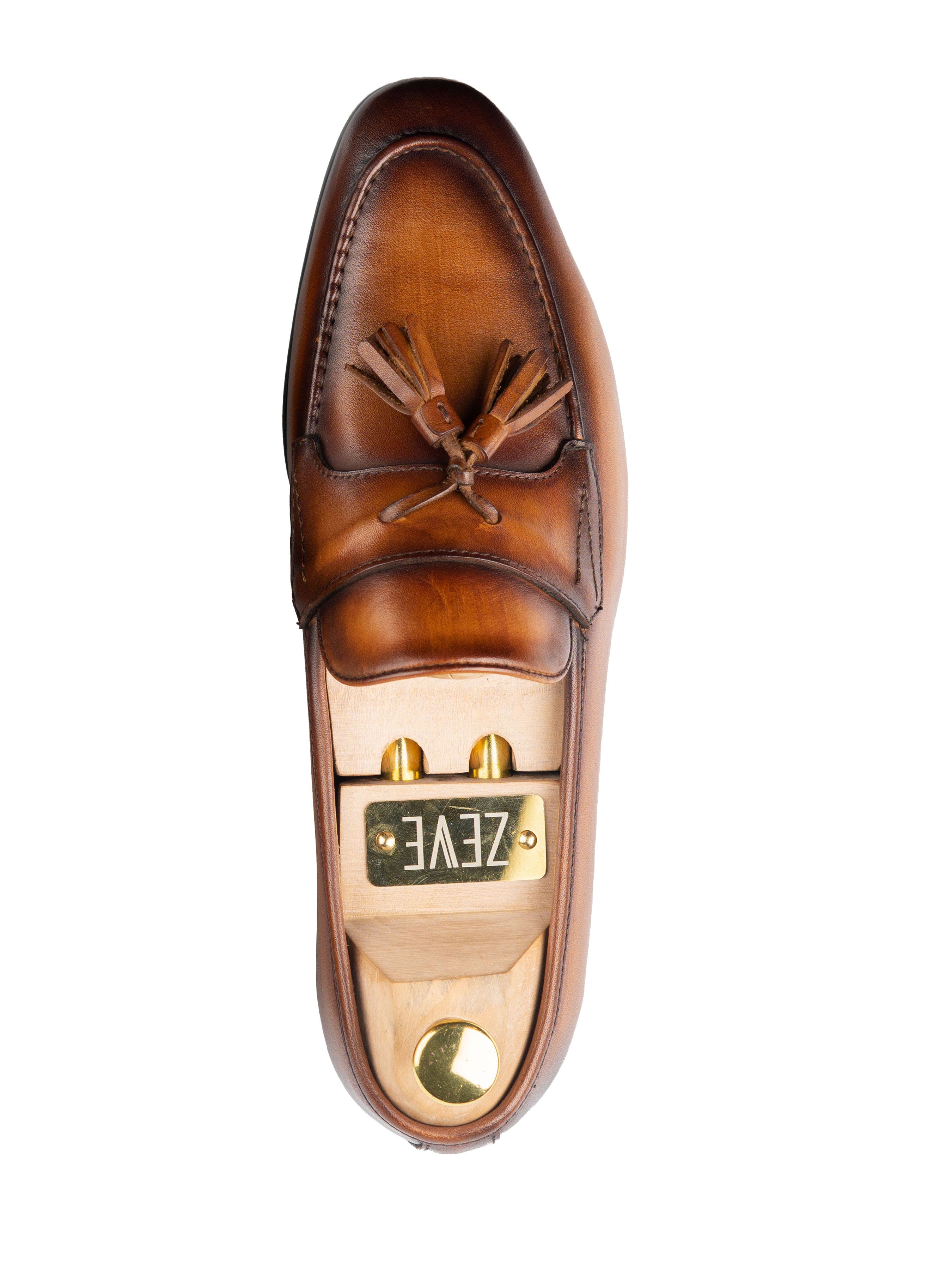 Tassel Loafer Wing Strap - Cognac Tan (Hand Painted Patina) - Zeve Shoes