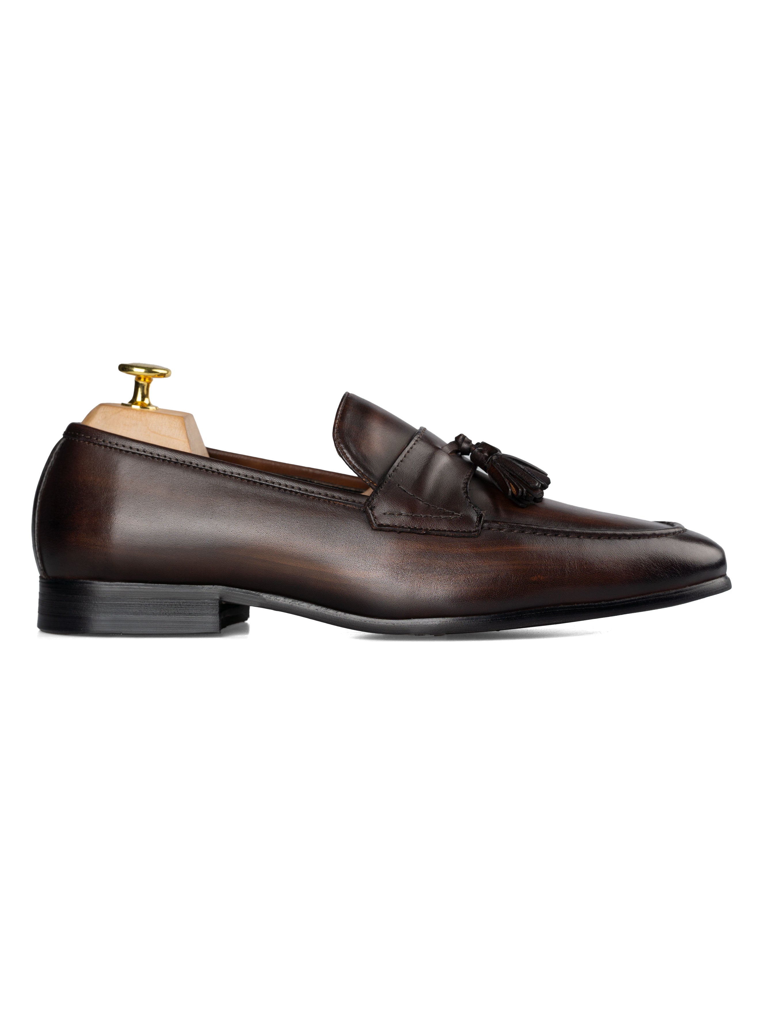 Tassel Loafer Wing Strap - Dark Brown (Hand Painted Patina) - Zeve Shoes