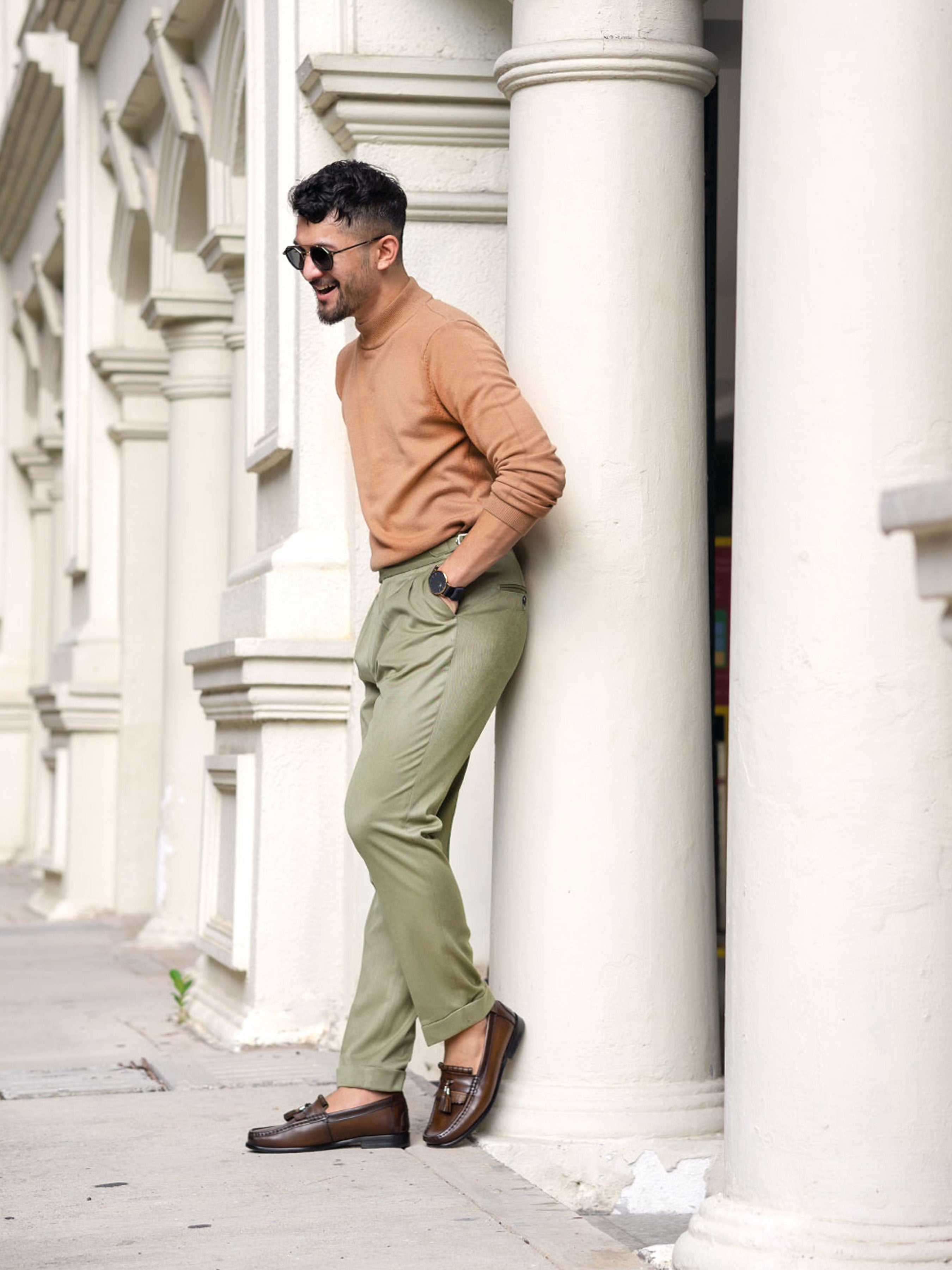 Trousers With Side Adjusters - Olive Green Cuffed (Stretchable) - Zeve Shoes