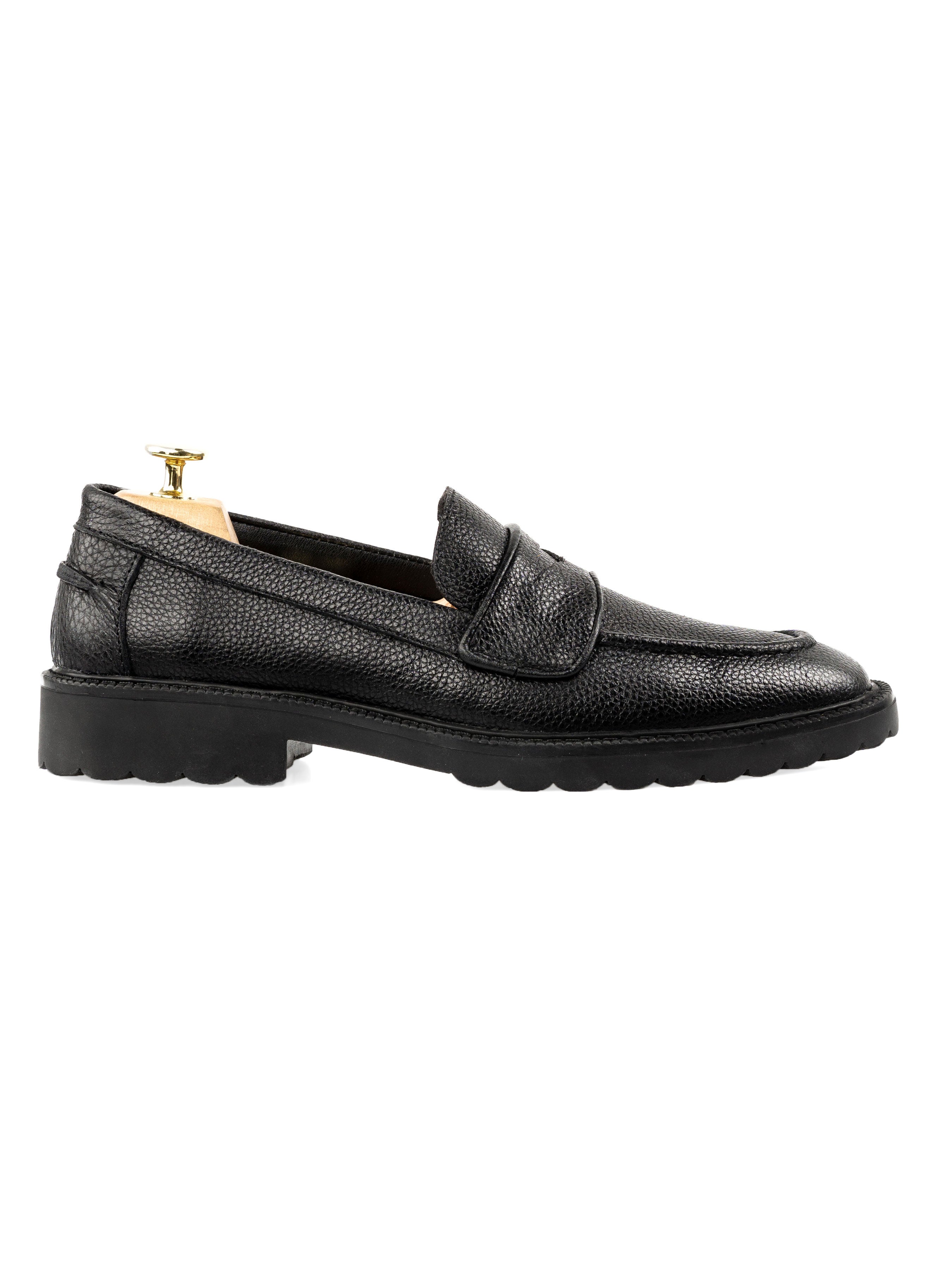Wayne Penny Loafer - Black Pebble Grain Leather (Combat Sole) - Zeve Shoes