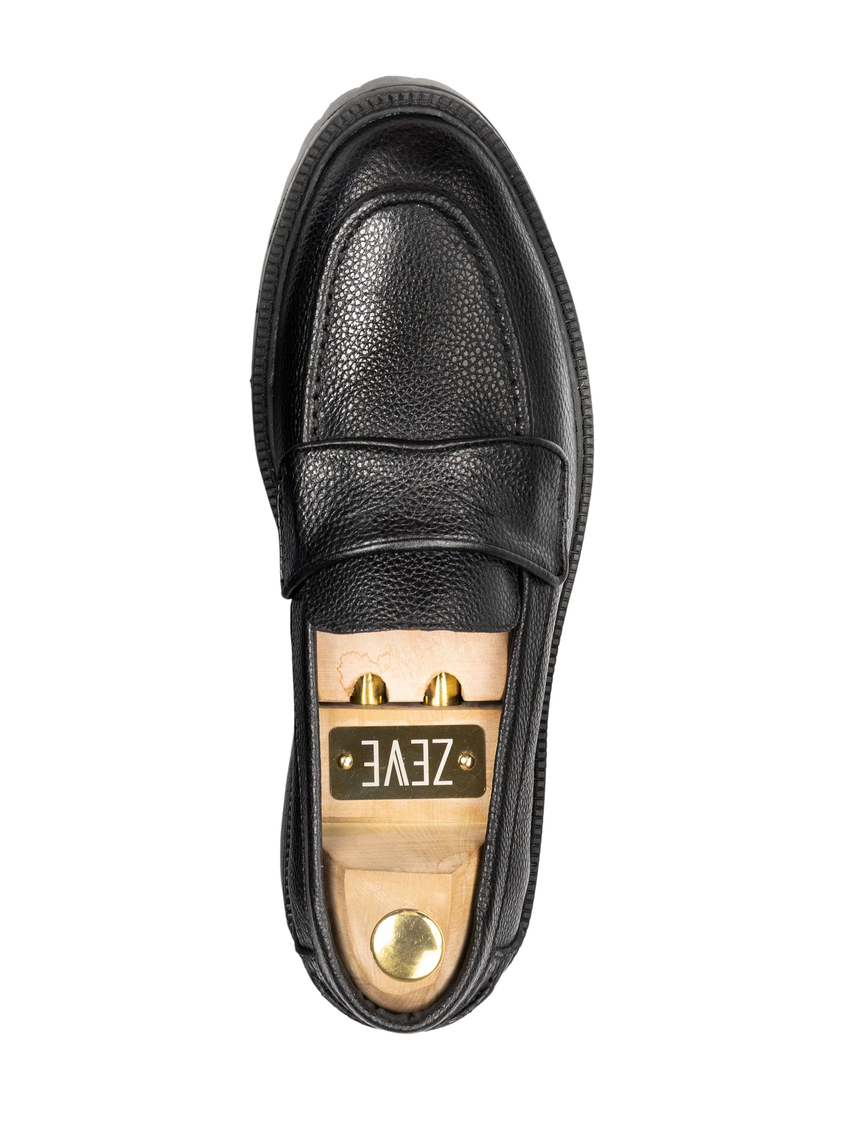 Wayne Penny Loafer - Black Pebble Grain Leather (Combat Sole) - Zeve Shoes