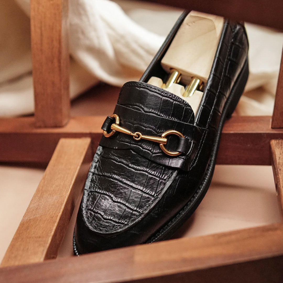 Penny Loafer Horsebit Buckle - Black Croco Leather (Crepe Sole) - Zeve Shoes
