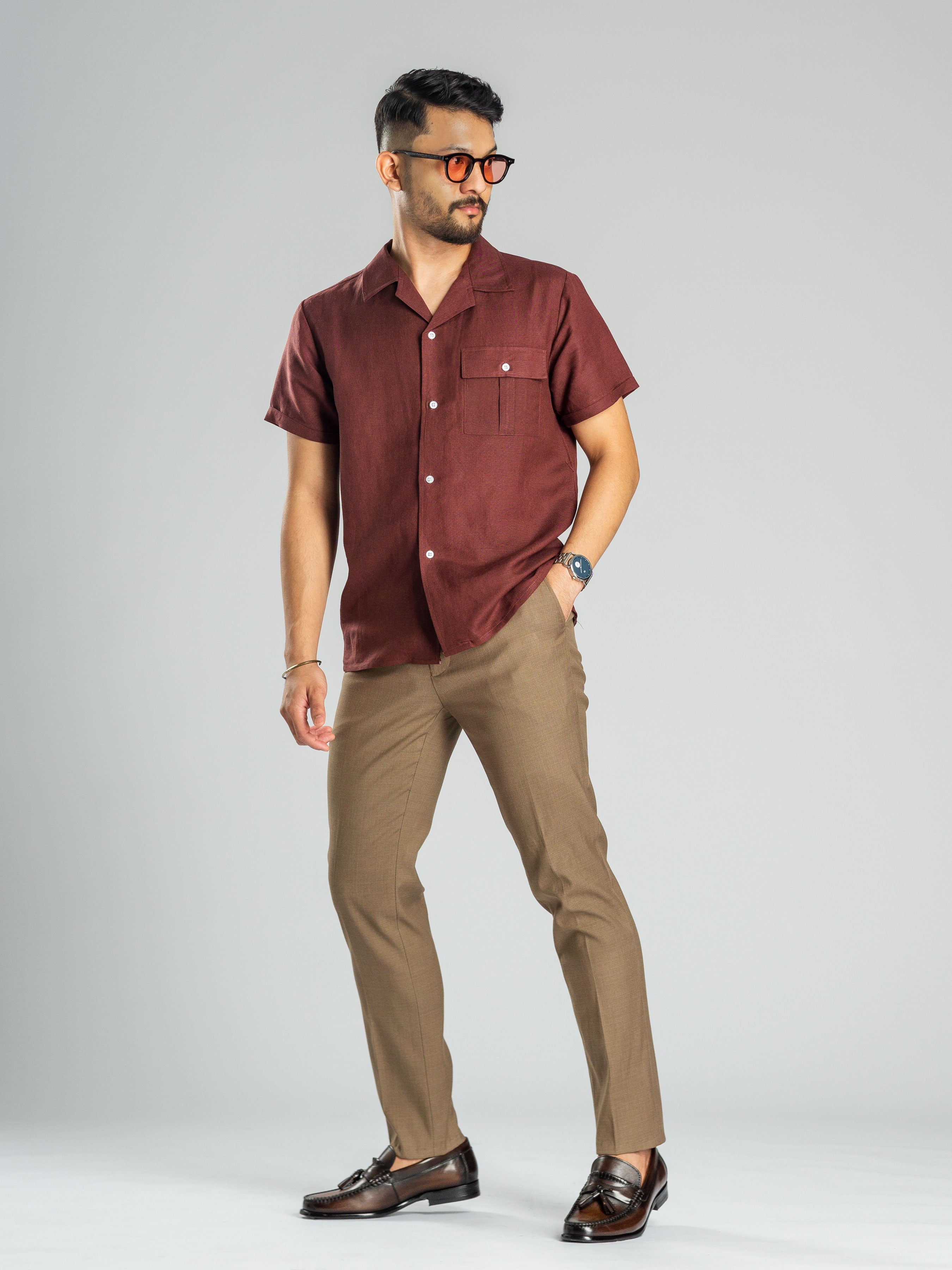 Linen Cuban Collar Shirt - Wine - Zeve Shoes
