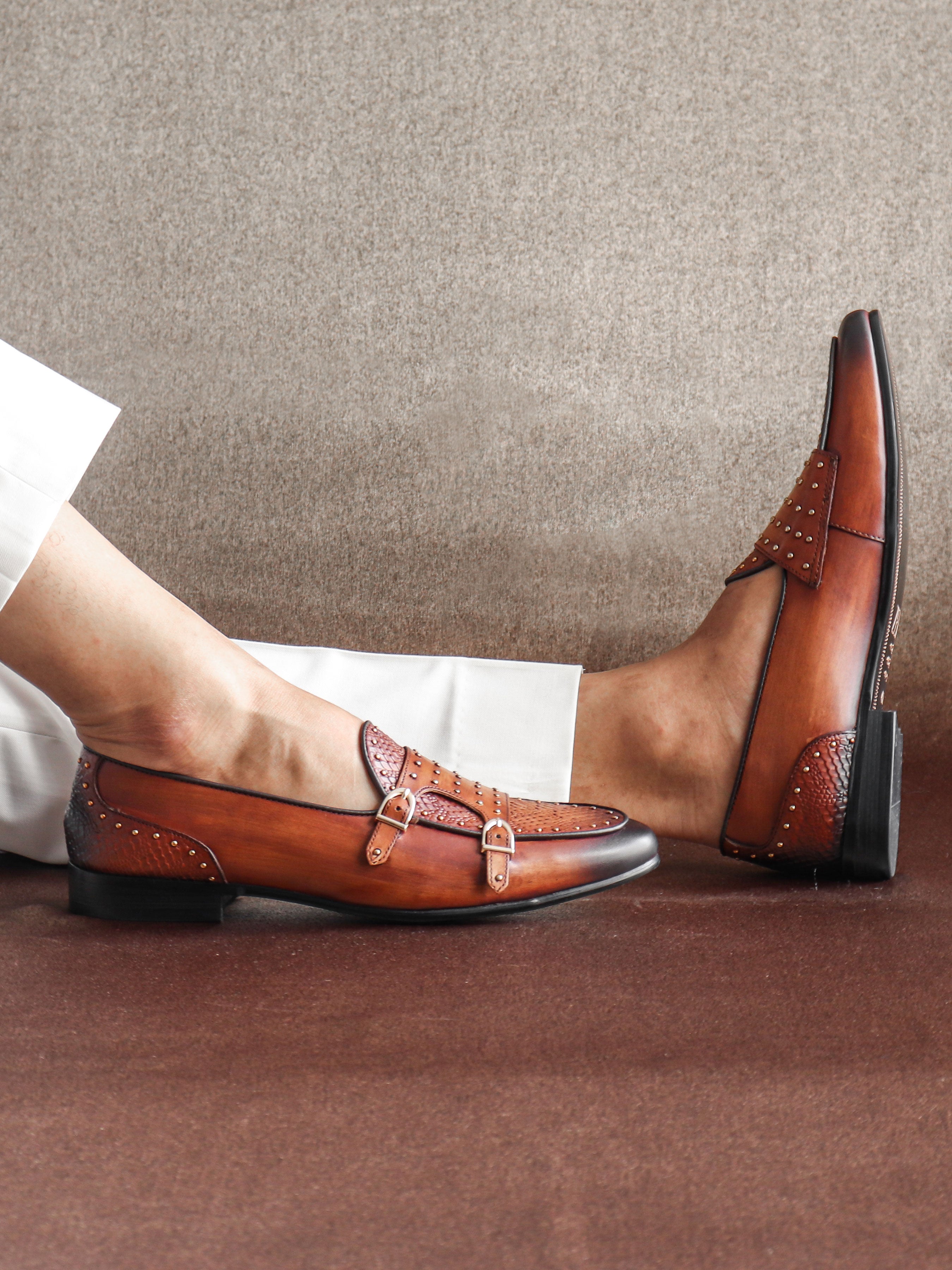 Belgian Loafer - Cognac Tan Snake Skin Double Monk Strap with Studded (Hand Painted Patina) - Zeve Shoes