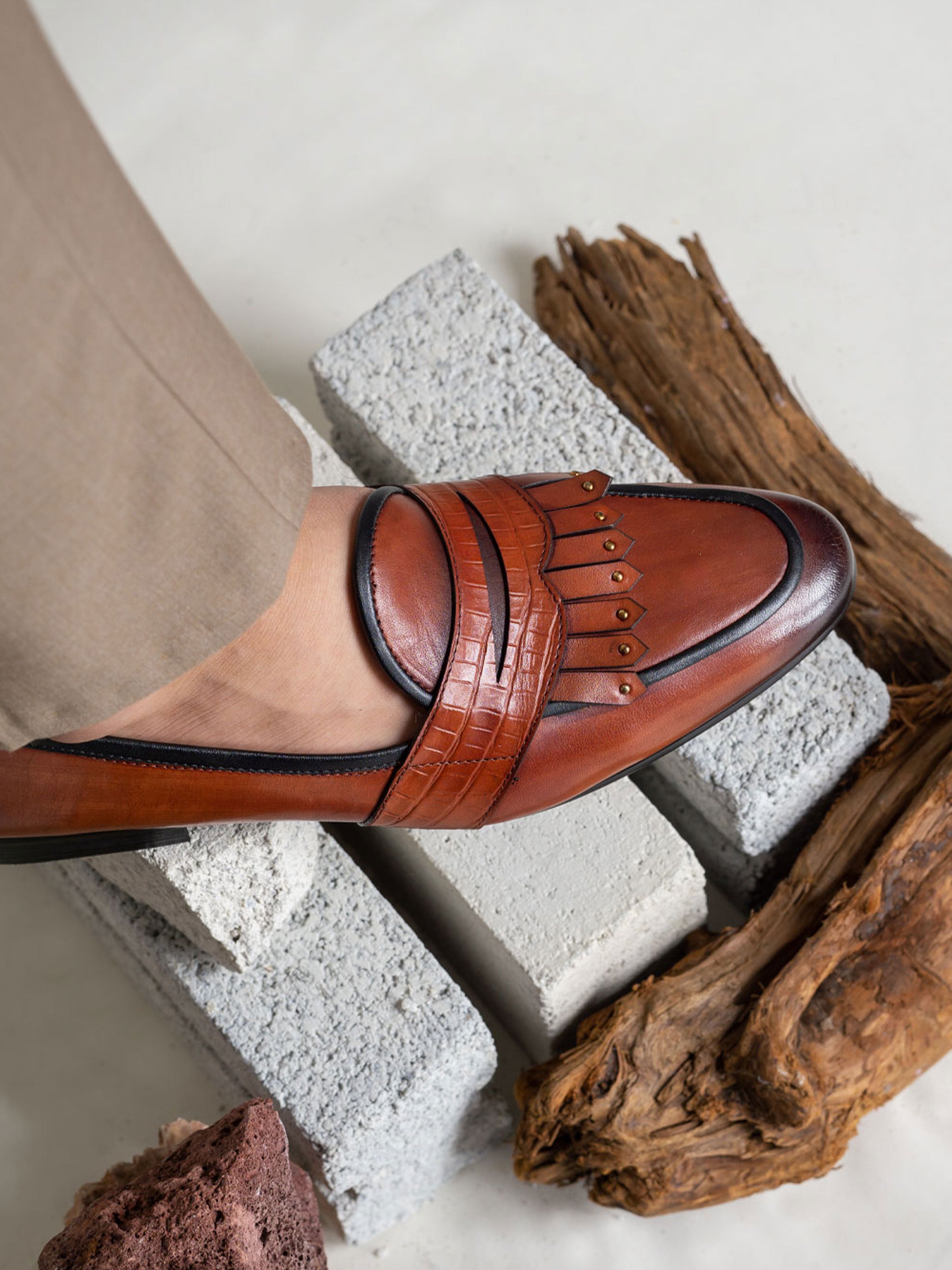 Belgian Loafer - Cognac Tan Phyton Penny Strap with Studded Fringe (Hand Painted Patina) - Zeve Shoes