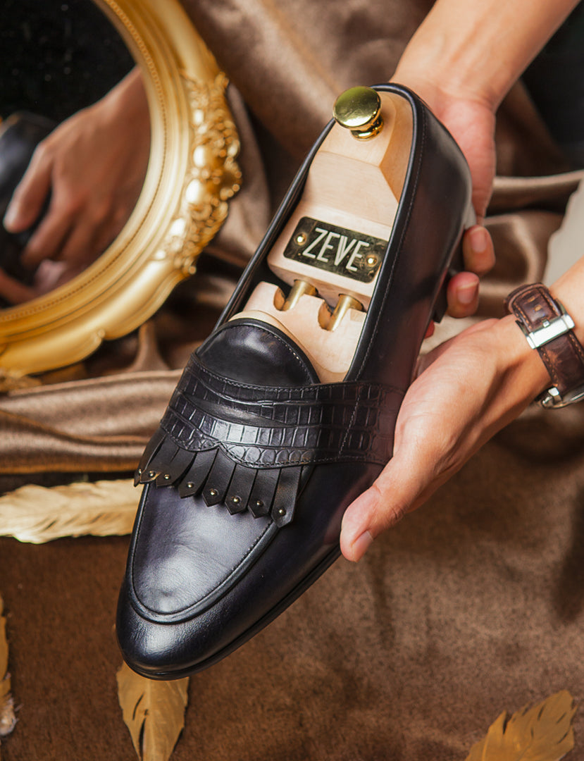 Belgian Loafer - Black Grey Phyton Penny Strap with Studded Fringe (Hand Painted Patina) - Zeve Shoes