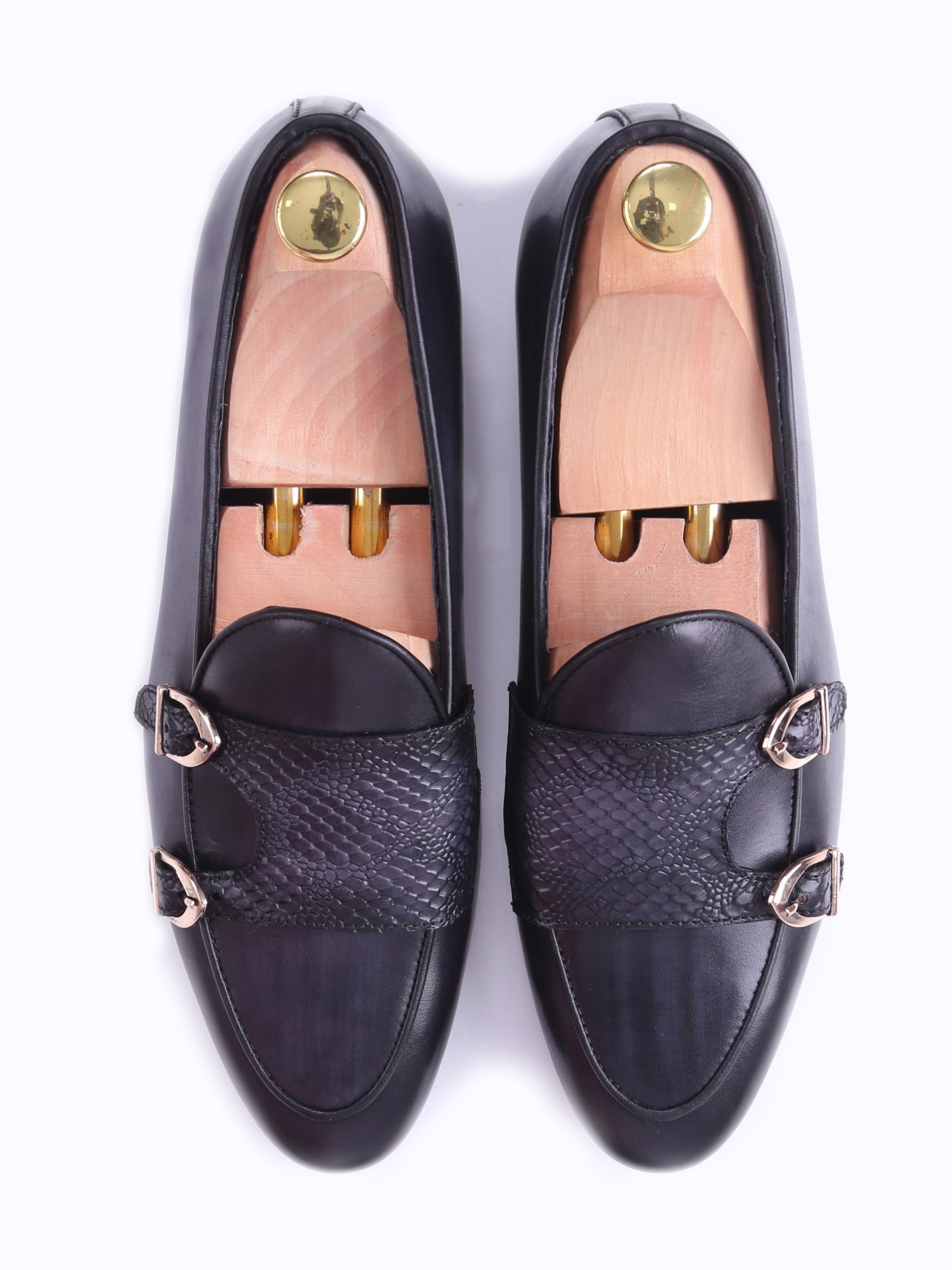 Belgian Loafer - Black Grey Snake Skin Double Monk Strap (Hand Painted Patina) - Zeve Shoes