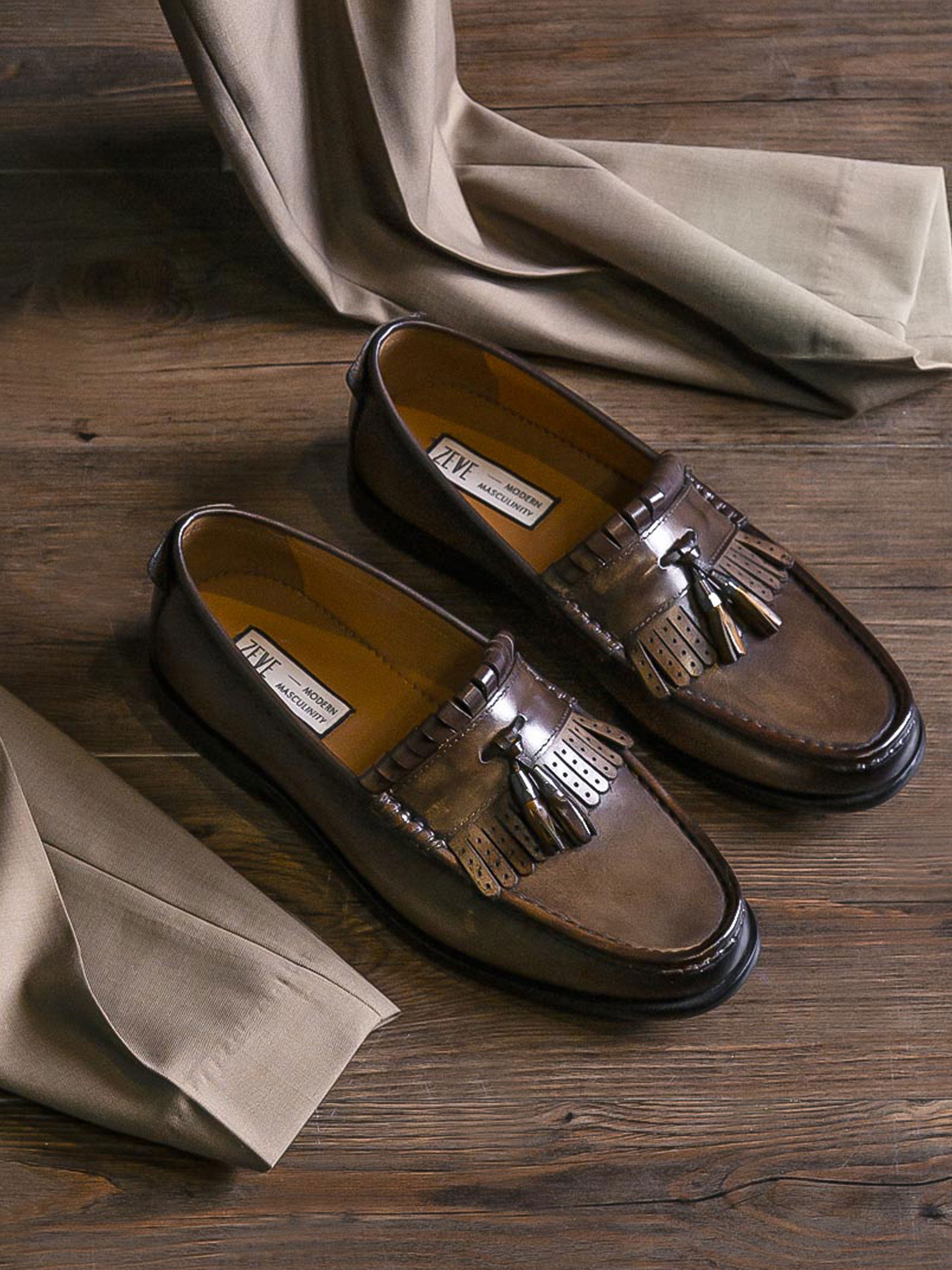 Fringe Classic Loafer - Khakis with Tassel (Hand Painted Patina) - Zeve Shoes