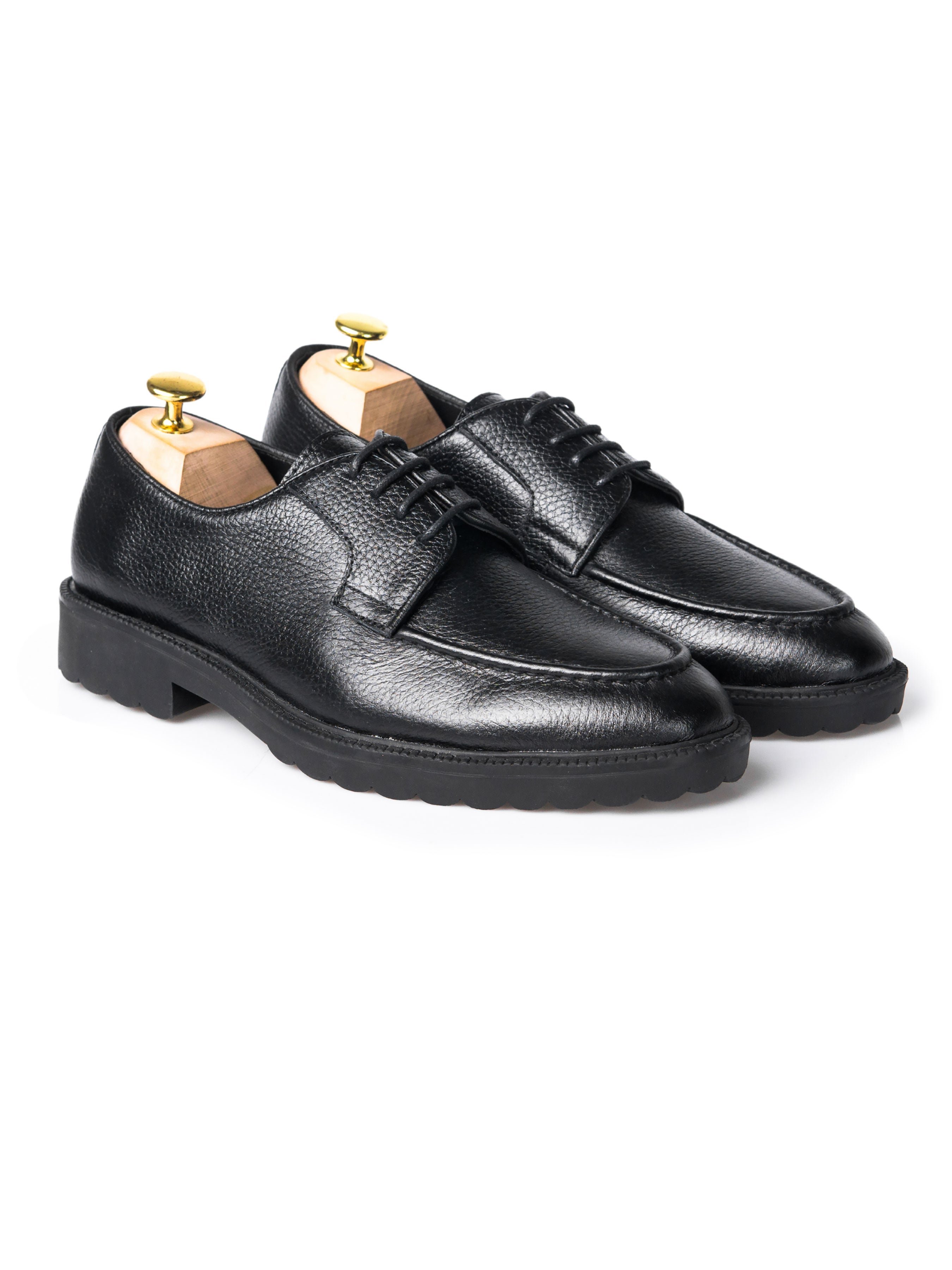 Blucher Lace Up - Black Pebble Grain Leather (Combat Sole) - Zeve Shoes