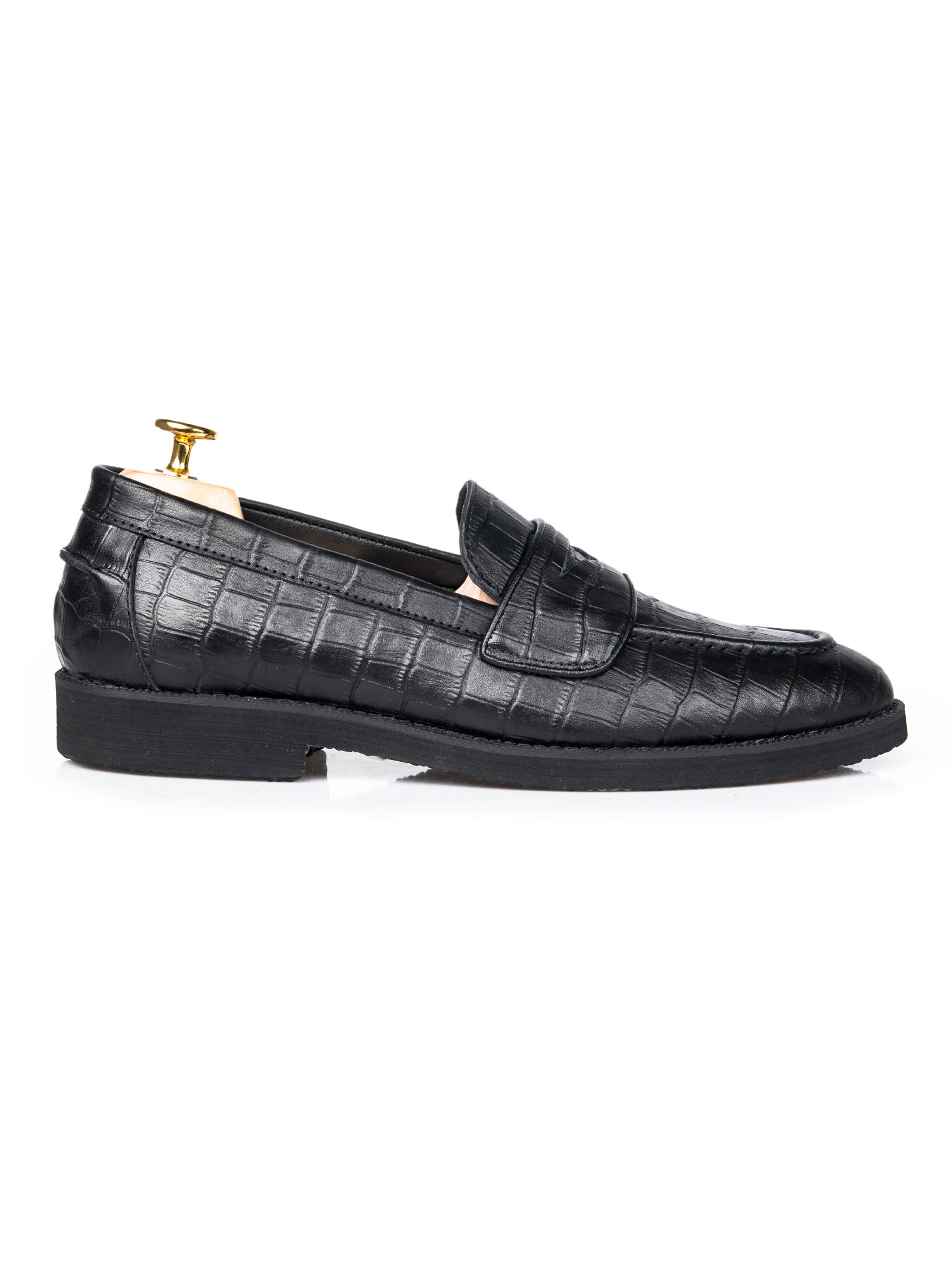 Wayne Penny Loafer - Black Croco Leather (Crepe Sole) - Zeve Shoes