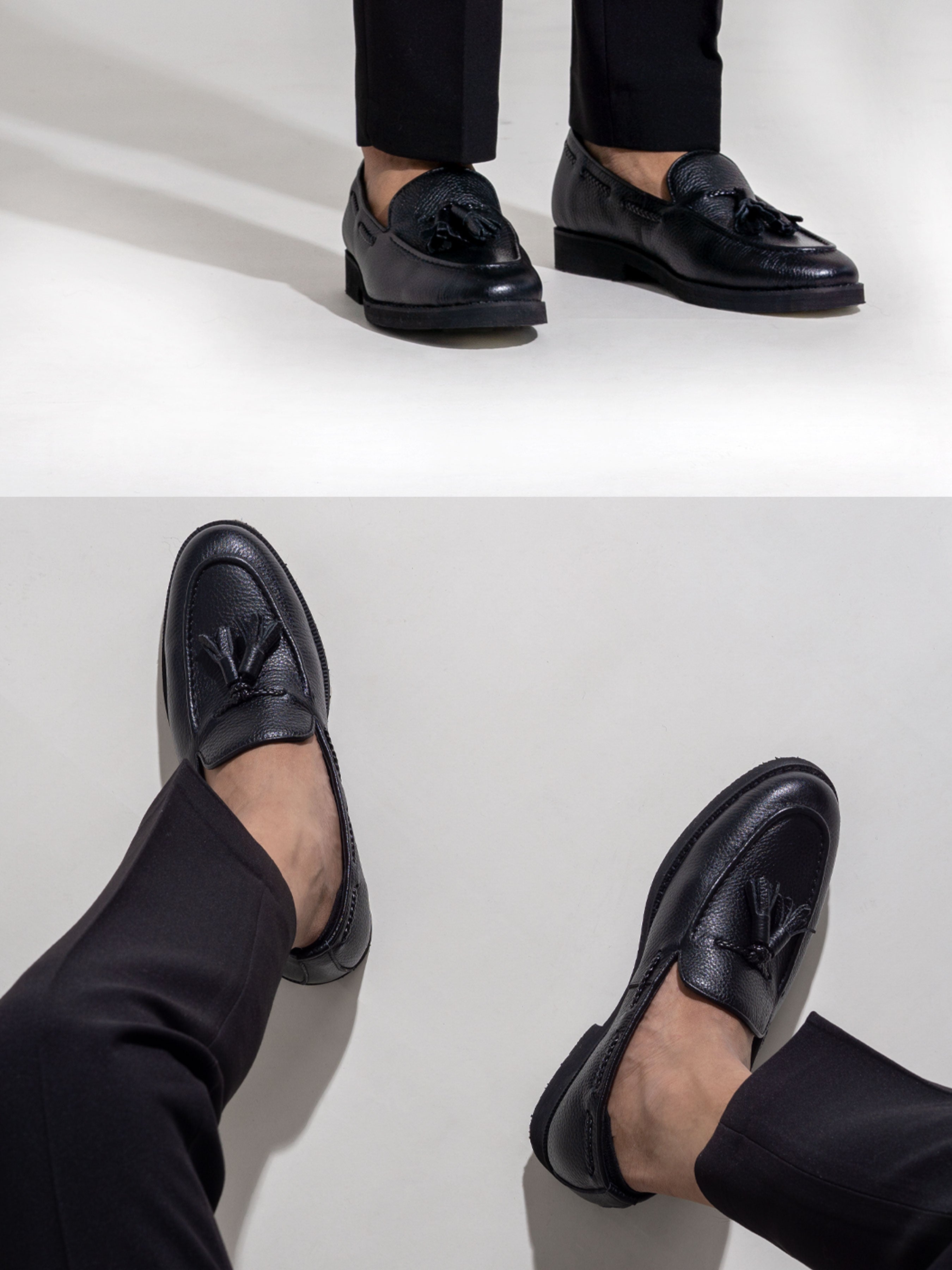 Tassel Loafer - Black Pebble Grain Leather (Crepe Sole) - Zeve Shoes