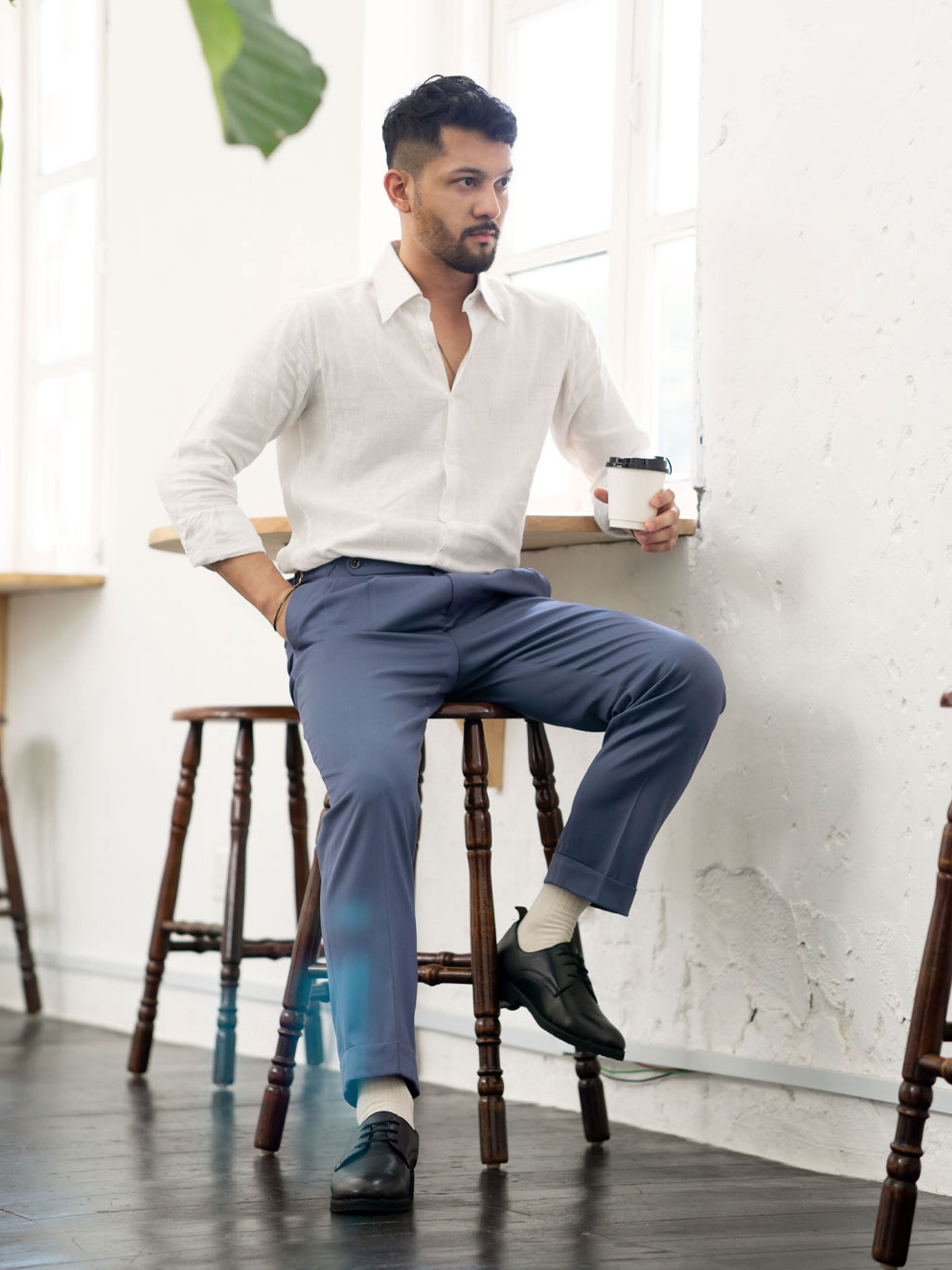 Trousers With Side Adjusters - Light Blue Plain Cuffed (Stretchable) - Zeve Shoes